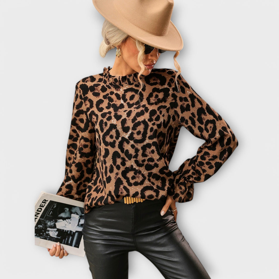 Kayla - Leopardbluse med Foldsyning Krave