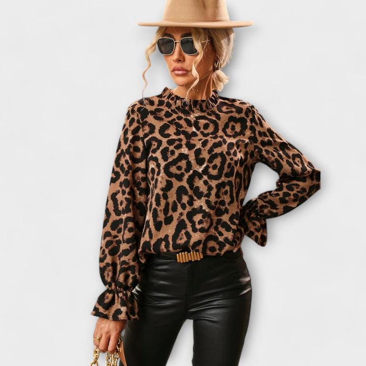 Kayla - Leopardbluse med Foldsyning Krave