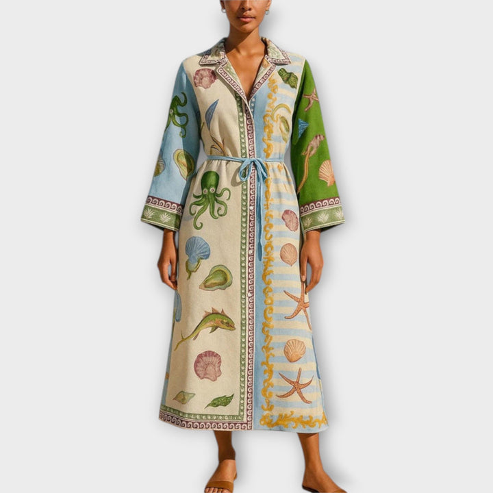 Jule - Printet Twill Midi Skjortekjole med Bælte