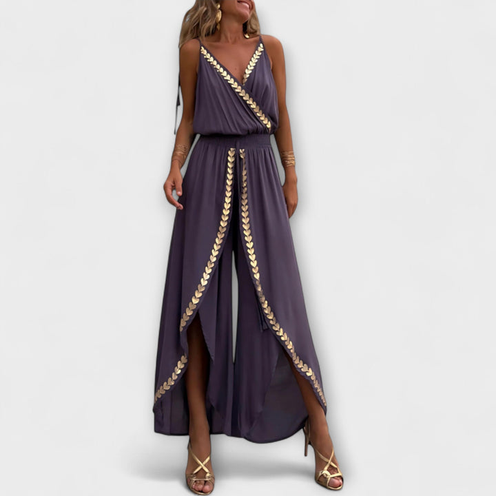 Angela - Donatila V-Neck Embroidered Jumpsuit with Open Legs