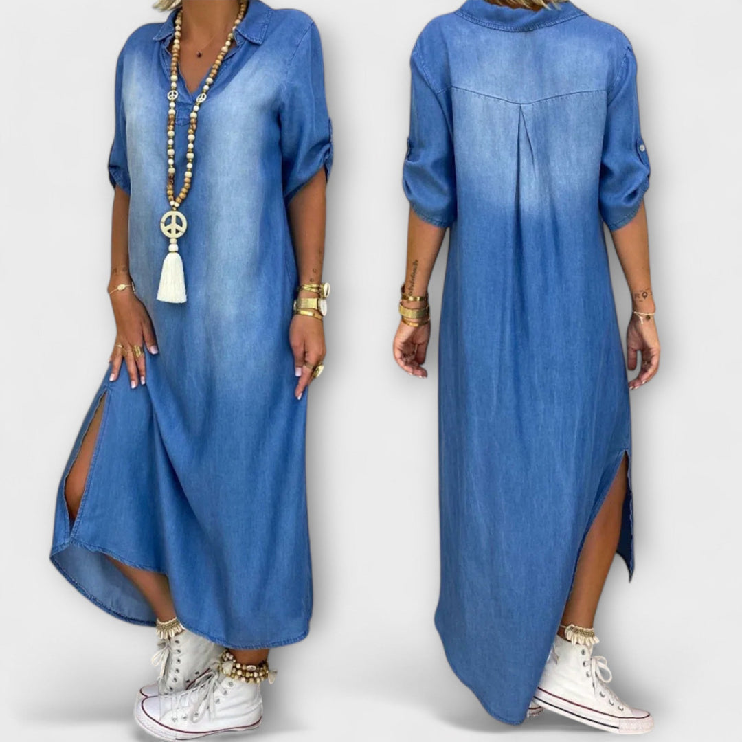 Lea - Denim-Look Kjole med Sideslids