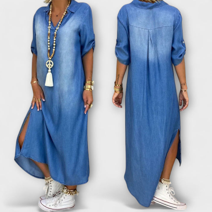 Lea - Denim-Look Kjole med Sideslids