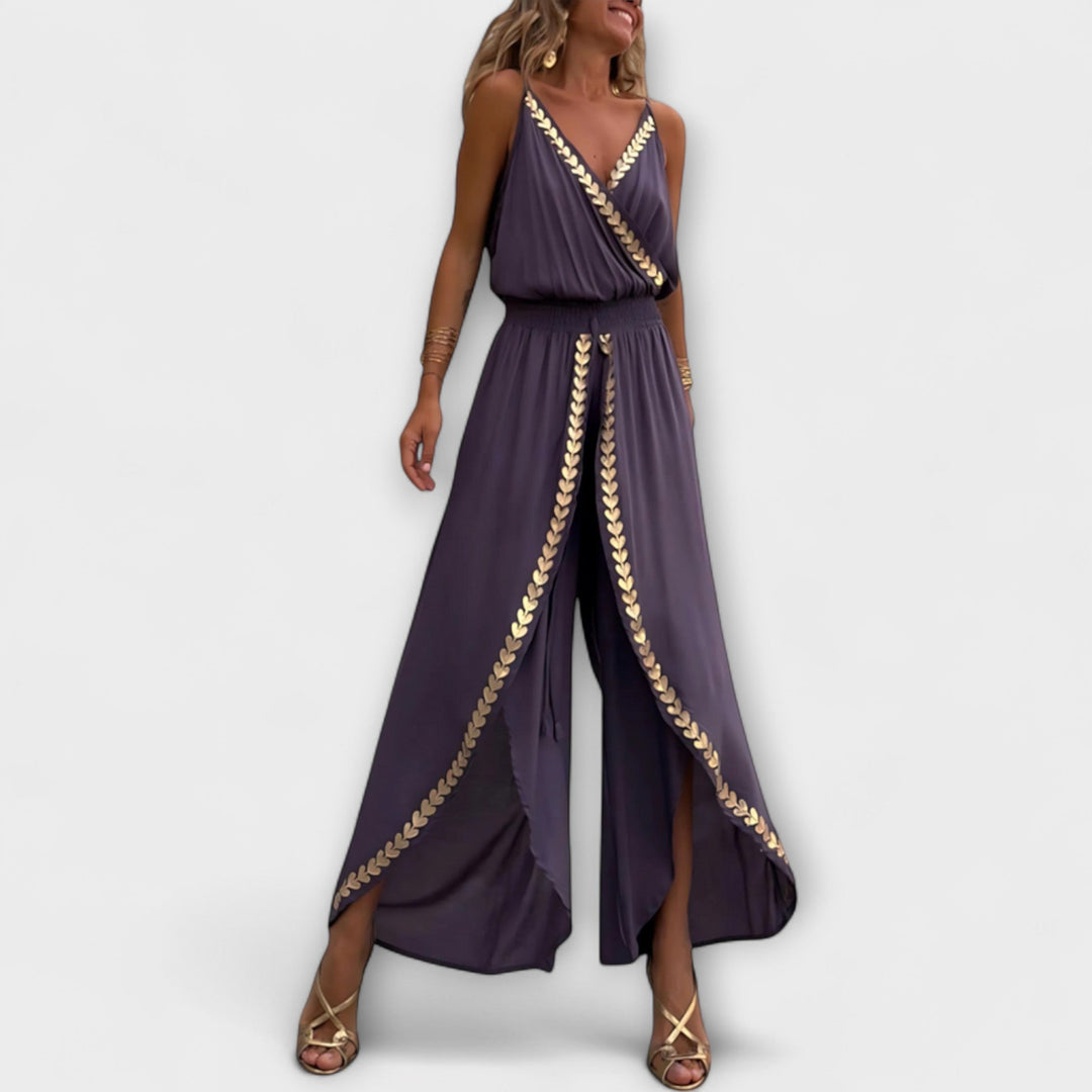 Angela - Donatila V-Neck Embroidered Jumpsuit with Open Legs