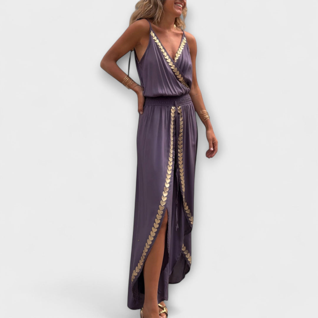 Angela - Donatila V-Neck Embroidered Jumpsuit with Open Legs