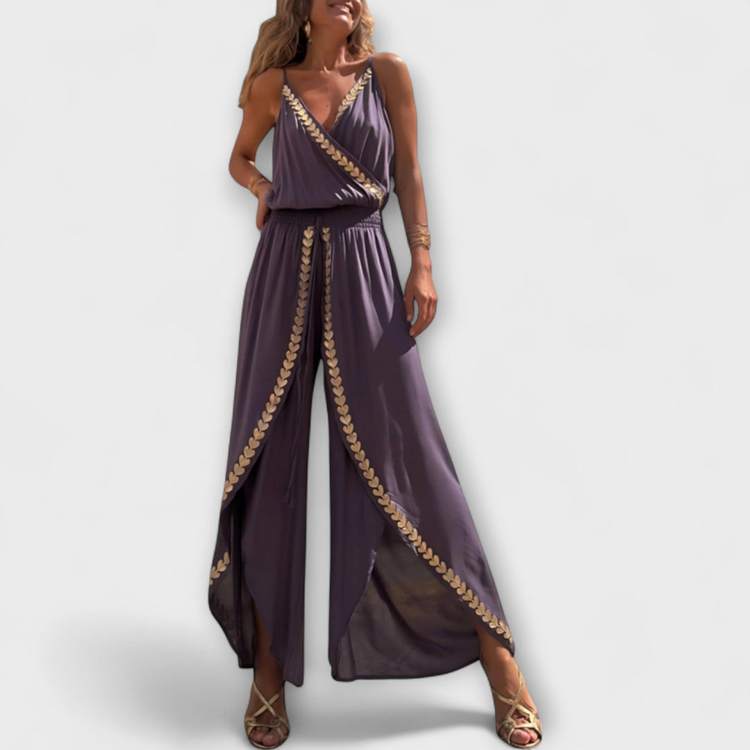 Angela - Donatila V-Neck Embroidered Jumpsuit with Open Legs