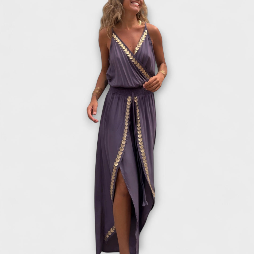Angela - Donatila V-Neck Embroidered Jumpsuit with Open Legs