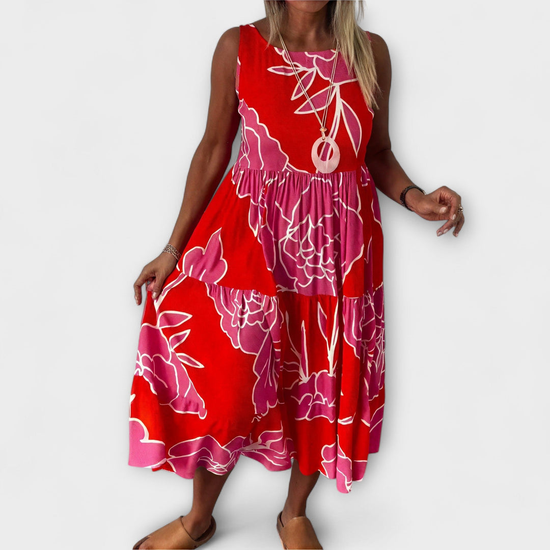 Blomstret Midi-Kjole med Flæset Nederdel