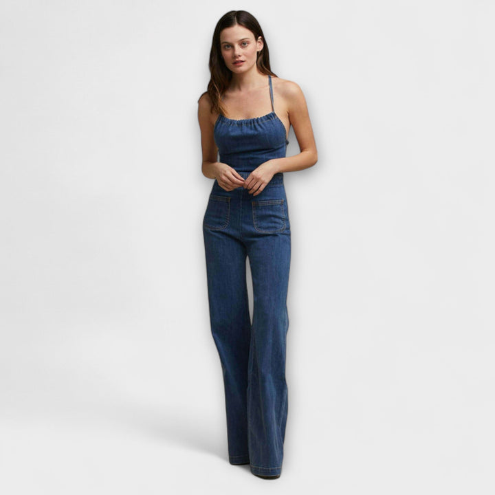 Julie - Flared Denim Overalls with Tie Detail