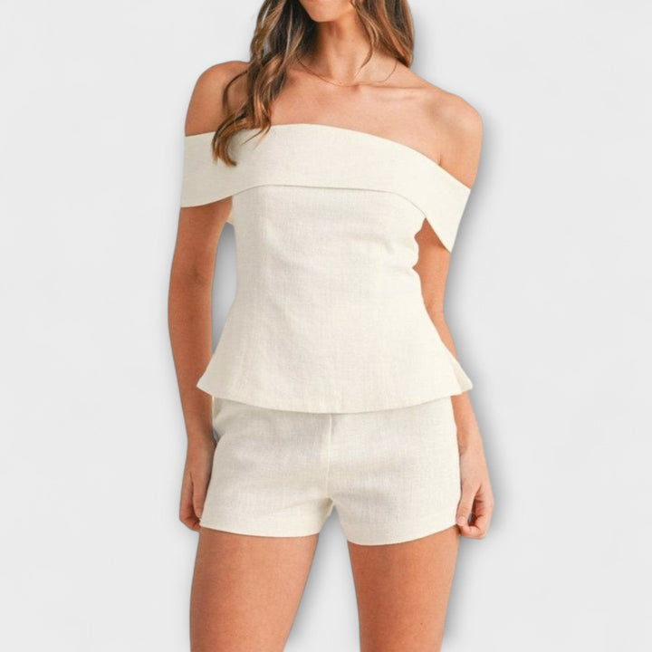 Olivia - Hvidt Bomulds-Linned Sæt i To Dele