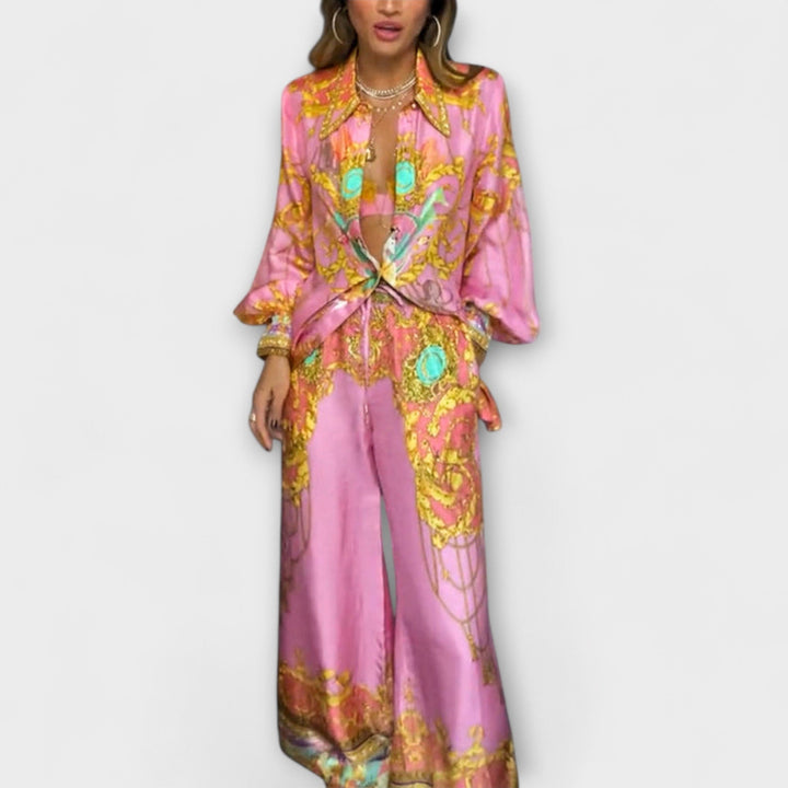 Sage - Havfrue Loungewear Sæt med Afslappet Skjorte og Elastiske Taljebukser