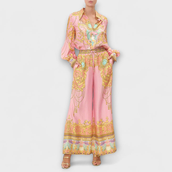 Sage - Havfrue Loungewear Sæt med Afslappet Skjorte og Elastiske Taljebukser