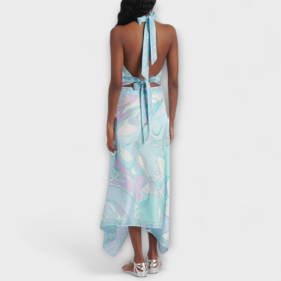 Everly - Halterneck Top og Asymmetrisk Midi Nederdel Sæt