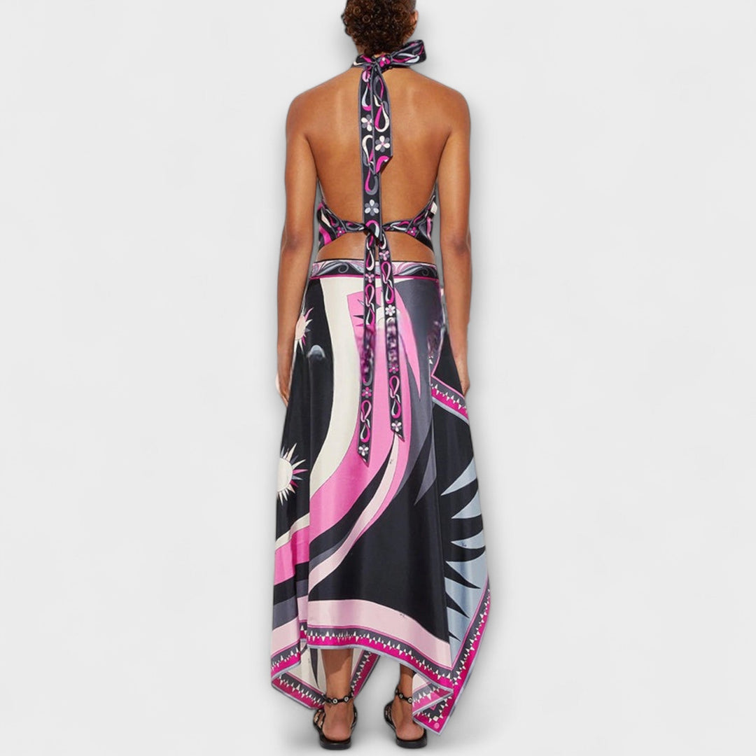 Everly - Halterneck Top og Asymmetrisk Midi Nederdel Sæt