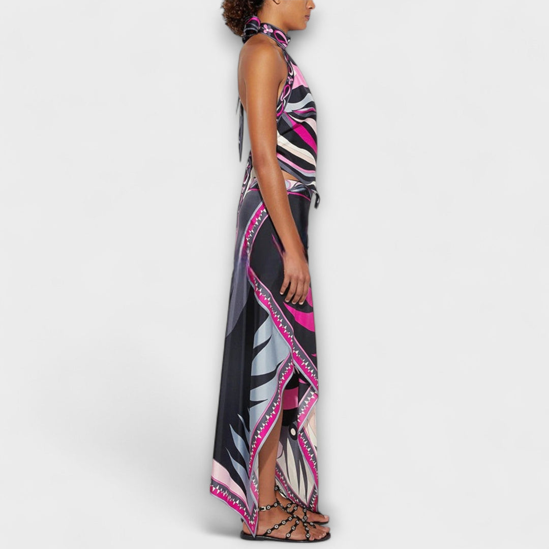 Everly - Halterneck Top og Asymmetrisk Midi Nederdel Sæt