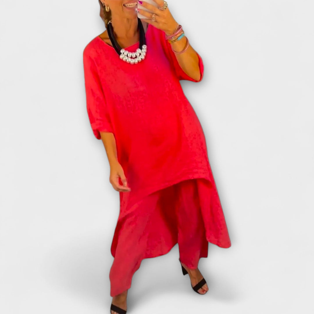 Tabea - Linned Jakkesæt med Rund Udsnit