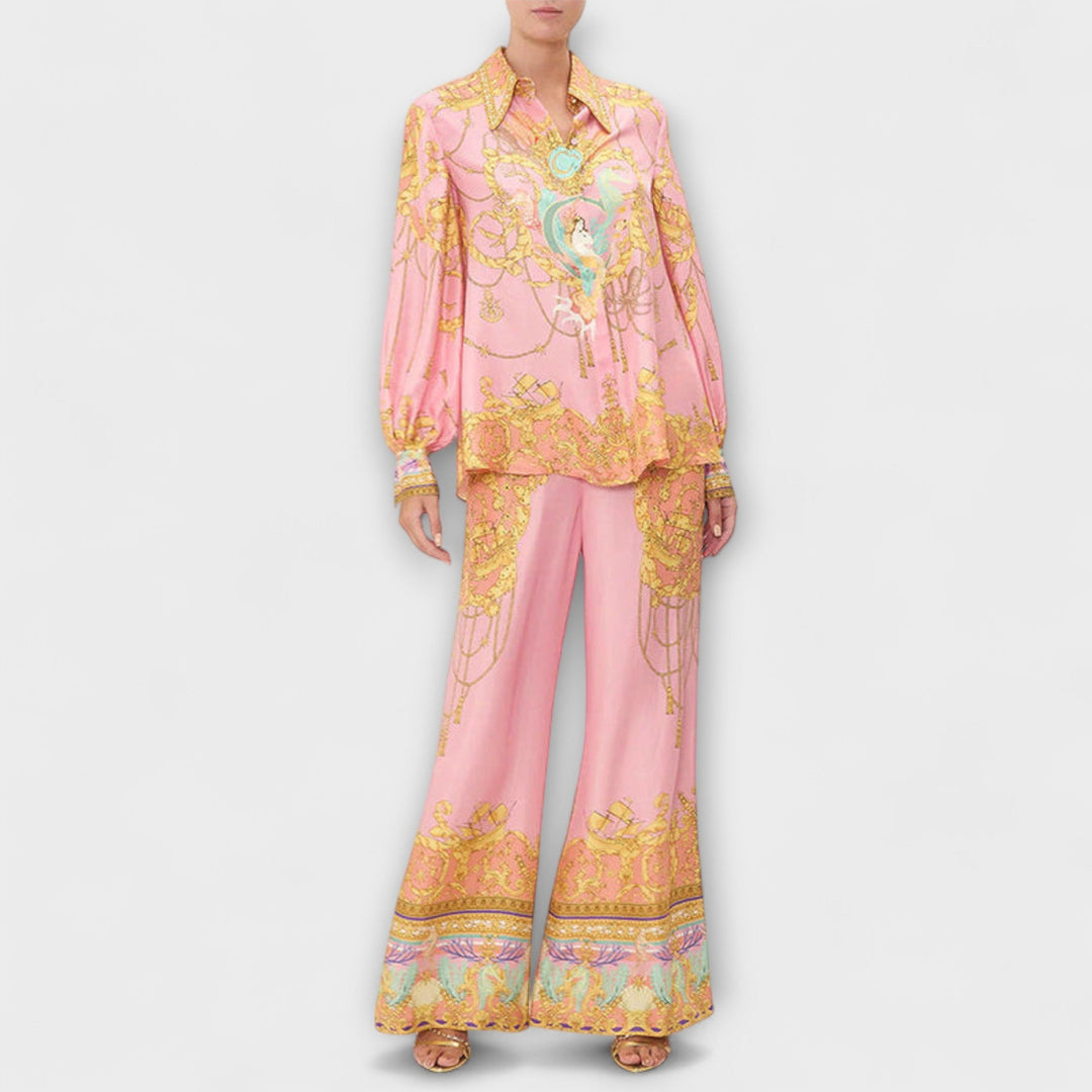 Sage - Havfrue Loungewear Sæt med Afslappet Skjorte og Elastiske Taljebukser