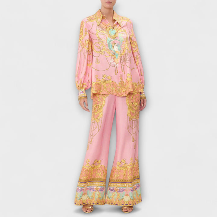 Sage - Havfrue Loungewear Sæt med Afslappet Skjorte og Elastiske Taljebukser